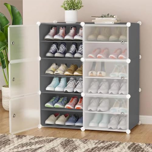 Image of AYSIS DIY Shoe Rack Organizer /Multi-Purpose Plastic 12 Layers 6 Door Portable and Folding Shoe Rack ^ Grey12Shelf6Door