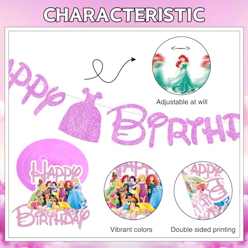 Princess Birthday Party Decorations Include 1pc Glitter Happy Birthday Banner,1pc Princess Banner and 14pcs Cute Hanging Swirls for Girls, Pre-Assembled Party Decorations - Image 4