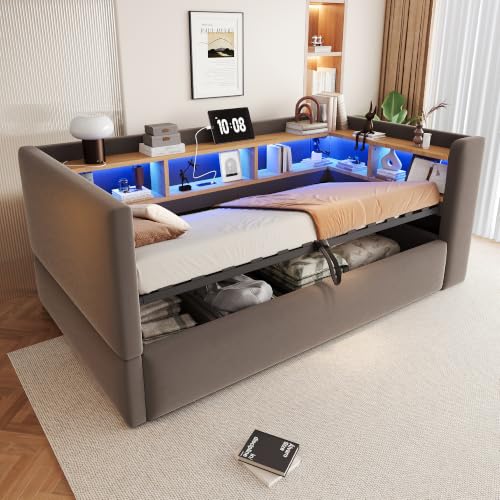 Sofá cama tapizado 90x190 gris oscuro con almacenaje hidráulico y luces LED 2