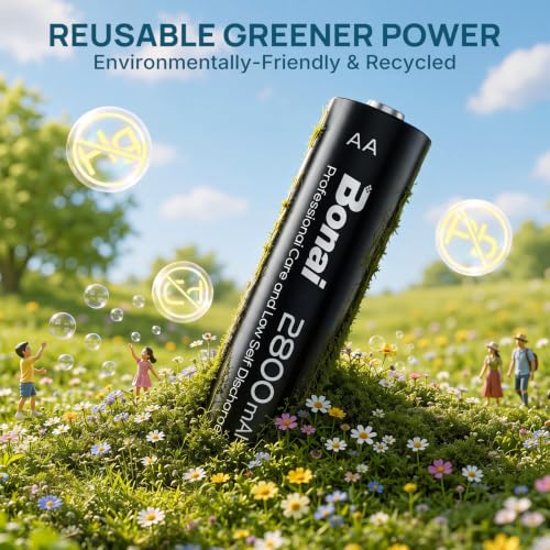 Image of BONAI Rechargeable AA Batteries High-Capacity 2800mAh, Recharge up to 1200x Times, NiMH Battery Low Self Discharge Pre-Charge Double AA Battery 24 Count