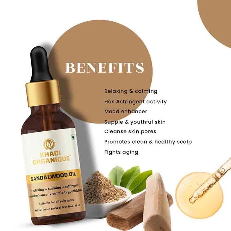 Image of Khadi Organique Sandalwood Essential Oil (Therapeutic Grade) | Deep Hydration & Relaxation | Enhances Skin Glow, Promotes Healthy Hair Scalp, Meditation & Aromatherapy | Diffuser & Massage Oil 15ml