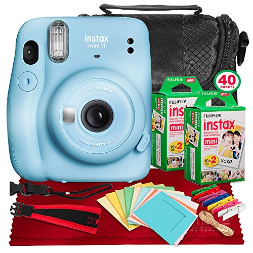 FUJIFILM INSTAX Mini 11 Instant Film Camera (Sky Blue) + 2x Fujifilm Instax Mini Twin Film (40 Exposures), Camera Carrying Case, Xpix Camera Strap & Funky Film Frames
