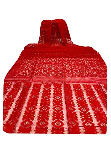 Sari indio jamdani rojo de algodón suave vestido tradicional musulmán hecho a mano 5.5m