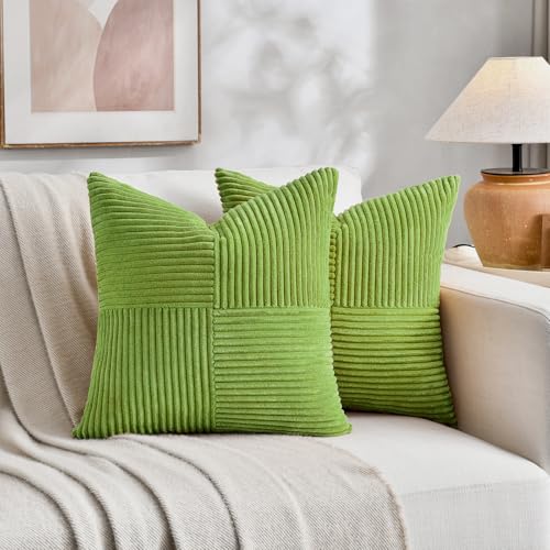 Image of Fancy Homi Set of 2 Lime Green Decorative Throw Pillow Covers 20x20 Inch for Living Room Couch Bed Sofa, Farmhouse Boho Home Decor, Soft Cross Corduroy Patchwork Accent Square Cushion Case 50x50 cm