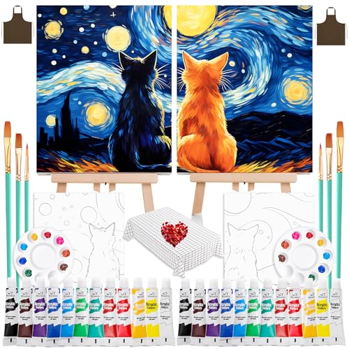 QUANWAISJ 2 Sets 10x12 Sip and Paint Kit for Adults Couples Painting Kit Date Night with Pre-Drawn Canvas (Easels Included) Perfect for Date Night Painting and Sip Parties (Starry Love Cats)