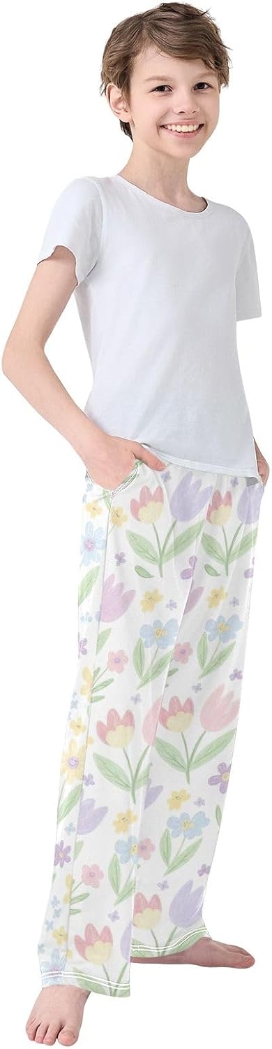 Spring Flower Tulip Daisy Pastel Pajama Pants, Lightweight Modal Lounge Sleepwear with Pockets, Elastic Waist