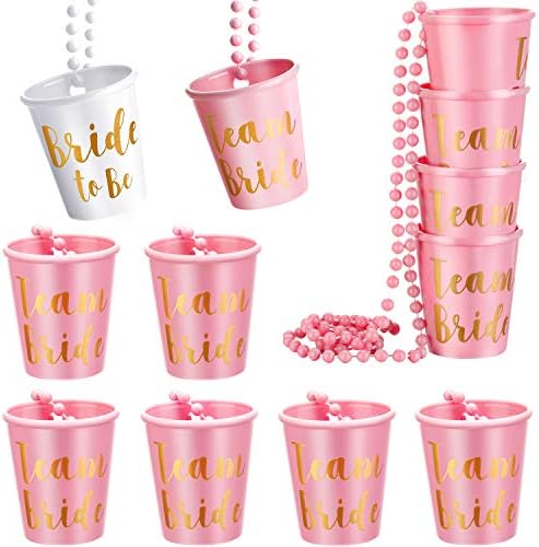 12 Pieces Bride Plastic Beaded Bridal Shot Glass Necklace Gold Foil for Bachelorette Party Bridal Party Necklaces (White, Light Pink)