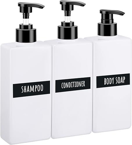 Segbeauty Soap Dispenser Bottle, 3pcs 13.5oz Empty Refillable Press Pump Bottle with Labels, 400ml Plastic Lotion Dispenser Shower Containers for Bathroom Hotel Shampoo Conditioner Body Soap White