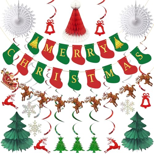 AMLOOPH Paper Christmas Decorations Set, Reusable Sock-shaped Merry Christmas Banner & Bunting with Retro Traditional Hanging Xmas Ceiling Decorations Indoor for Home Wall Office Xmas Party Decor
