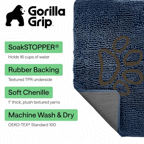 Image of GORILLA GRIP SoakSTOPPER Dog Door Mat, 36x24 Machine Washable Rug Absorbent Doormat Captures Moisture Mud Dirt, Quick Dry Soft Chenille Entryway Rugs Indoor Entrance Mats for Dog Paws, Navy