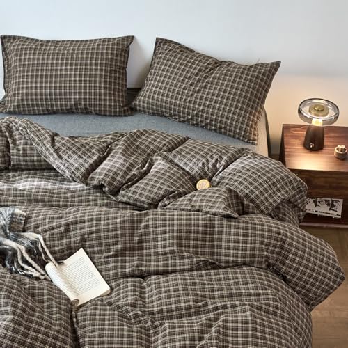 Image of EAVD Vintage Style Dark Grey Gingham Plaid Duvet Cover Full 100% Washed Cotton Like Linen Feel Soft 3-Piece Grid Plaid Bedding Set with 2 Pillowcases Reversible Geometric Duvet Cover with Zipper