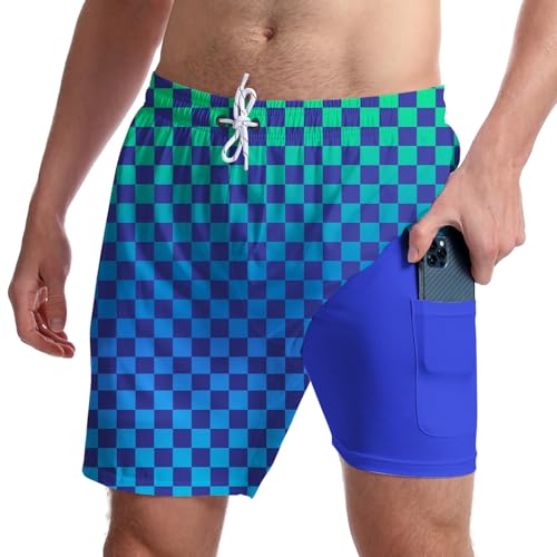 Pinkka OSDL-31LWF Mens Swimming Trunks With Compression Liner Buffalo Plaid Bathing Suits 2 In 1 Quick-Dry Checkered Swim Shorts thumb #1