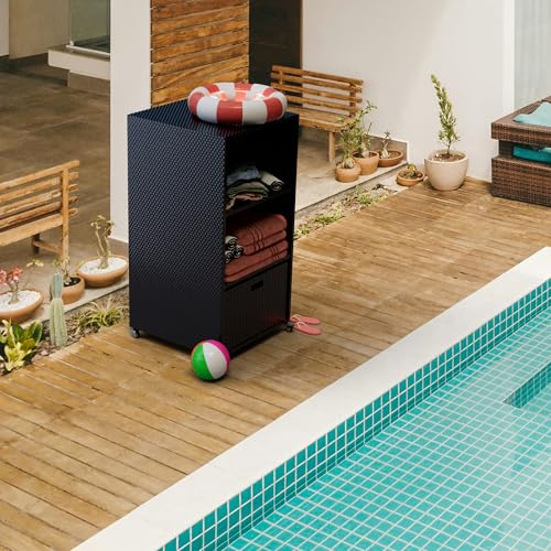 HOOYEAH Pool Towel Rack Outdoor, Waterproof PE Plastic Rattan Wicker Pool Storage Bins Storage Cabinet Organizer, Poolside Towel Caddy with Rolling Wheels for Hot Tub Spa Accessories,Grey - Thumbnail 6