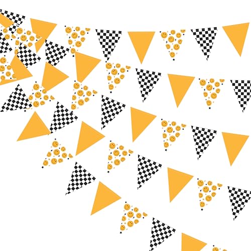Image of Happy Dude 1st Birthday Decorations Yellow Black Smile Face Star Lightning Checkered Smiley Face Triangle Paper Hanging Pennant Banner Flag for First Birthday Party Decorations Supplies