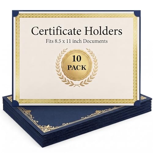 10 Pack Single Sided Certificate Holders 8.5 x 11 Blue - Award Certificate Folders with Gold Foil Border Cardstock Covers Letter Size - Graduation Certificate Sleeves - Protective Diploma Holders Bulk