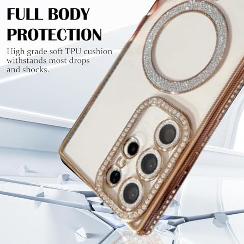 Image of for Samsung Galaxy Glitter Case,Luxury Bling Rhinestone Diamond Plated Bumper Case,MagSafe, Sparkle Camera Lens Protection Clear Back Cover (Gold, for Samsung Galaxy S24 Ultra)