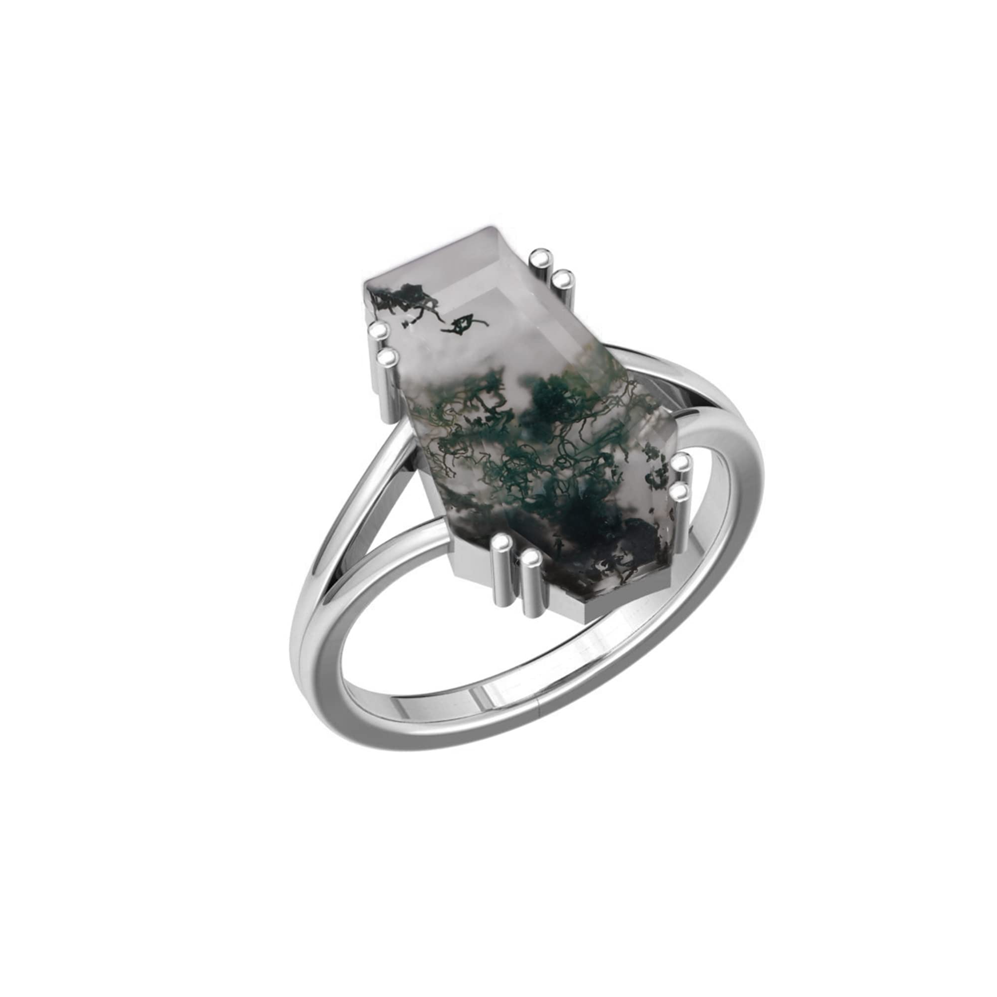 PANOPLYPANOPLY Handmade Coffin Cut Moss Agate Set Fine Silver Classic Ring, 925 Sterling Silver Ring, 10X17 mm Coffin Ring, Best Gift for Mom and Dad, Valentine Day, Anniversary, New Year's (12)