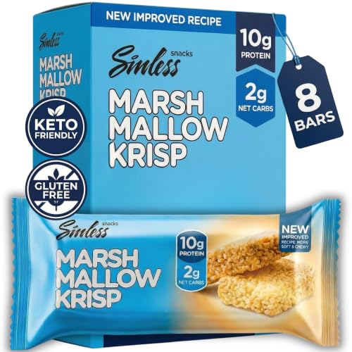 Sinless Snacks Delicious Marshmallow Krisp Bar - Low Carb Keto Snack - 10g Protein 2g Net Carbs - New Improved Recipe, More Soft & Chewy - Gluten Free, Low Sugar, Perfect Snack for the Family - 8 Bars