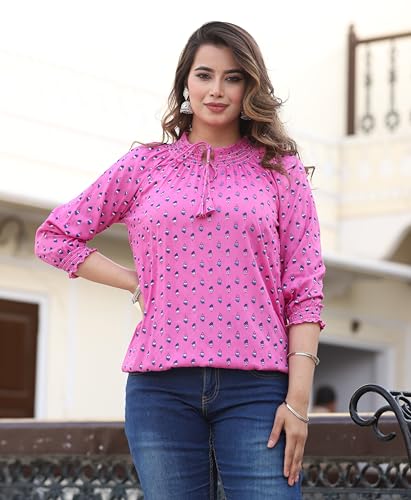 Image of Himanshi Enterprises Women's Traditional Casual 3 /4 Sleeves Mandarin Nack Rayon Floral Printed Short Kurti