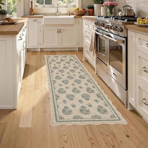 ORTIGIA Scalloped Easy Jute 2x6 Kitchen Runner Vintage Sage Green Floral