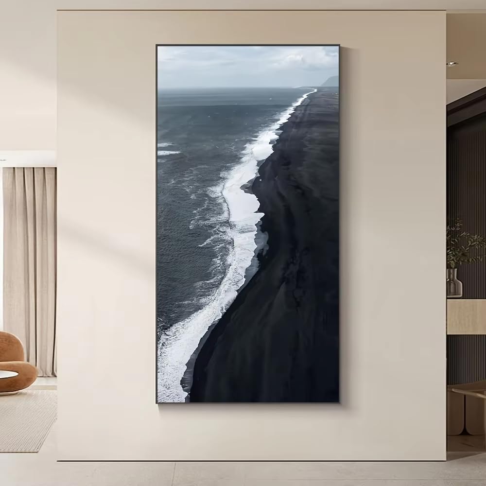 IHHGNB Modern Abstract Black Beach Lceland Canvas Art Prints, Frameless Wall Decor for Living Room Bedroom Hallway(40x80cm(16x31in)/No frame)
