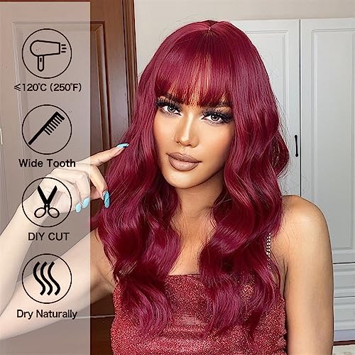 Perruque cheveux vin rouge synthétique longue bouclée thermorésistante frange