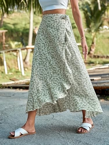 Floral Print Ruffle Waist Maxi Skirt for Women with Side Adjustable Waistband3