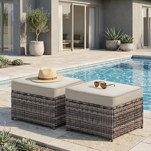 Decksplore 2 Piece Patio Sofa Ottomans with 4.3 Thick Cushions Wicker Outdoor Couch Extension Set All-Weather Rattan Seating Accessory for Backyard Furniture Beige