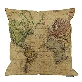 HGOD DESIGNS Cotton Linen Decorative Throw Pillow Case Cushion Cover Vintage Map of The World 18' X 18'