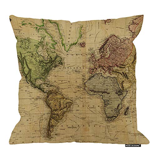 HGOD DESIGNS Cotton Linen Decorative Throw Pillow Case Cushion Cover Vintage Map of The World 18" X 18"
