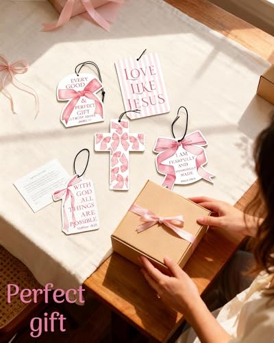 Image of Inspirational 5pcs Car Air Freshener Cute Pink Bow Coquette Bible Verses Automotive Accessories Car Interior Hanging Scents Mirror Decor Christian Gifts for Women Girls