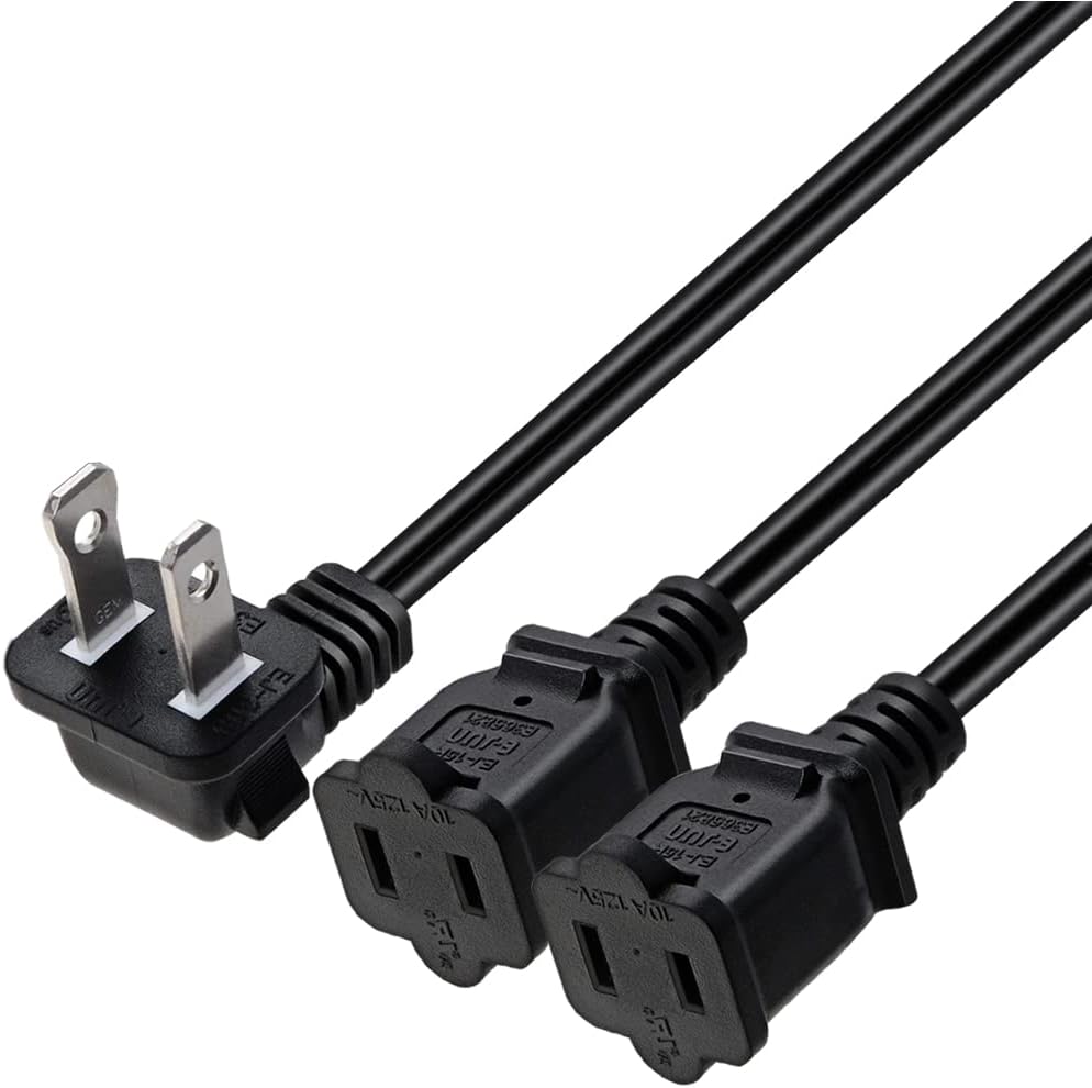 90 Degree Angled Nema 1-15P to Dual 1-15R Splitter Cable Polarized,US AC 2-Prong Male and Female Power Cable SPT2 18AWG 10A/125V (Elbow 2Ft)