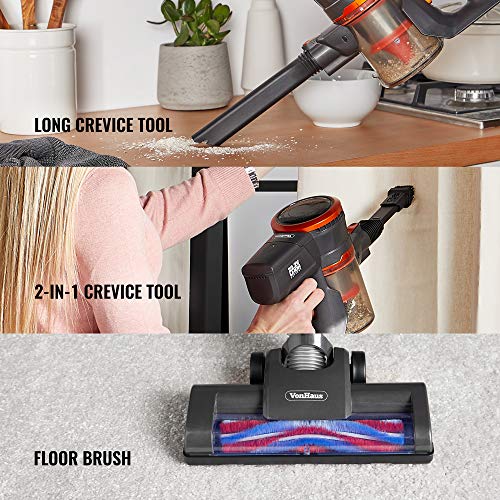 Vonhaus Cordless 2 In 1 Stick Handheld Vacuum Cleaner With Powerful Suction And Lightweight Design Includes Crevice Tool, Floor Brush And Turbo Head (Gray/Orange) 22.2V Lithium-Ion Battery #TOP4