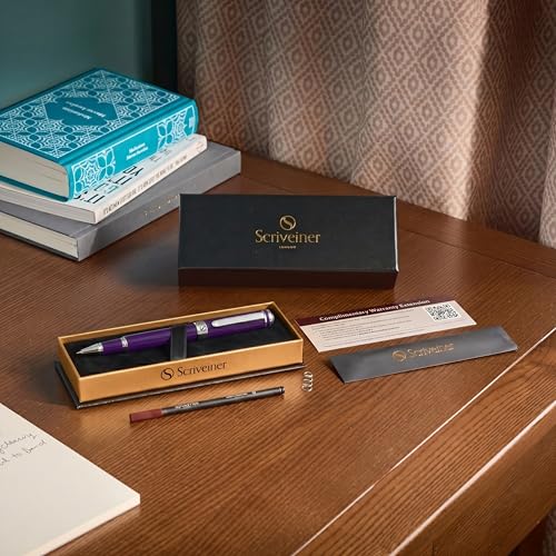 Image of Scriveiner Aubergine Rollerball Pen - Stunning Luxury Pen With Chrome Finish, Schmidt Ink Refill, Best Roller Ball Gift Set for Men & Women, Professional, Executive Office, Nice Pens