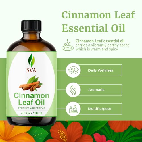 Image of SVA Cinnamon Leaf Essential Oil 4 Fl Oz - for Diffuser, Skin & Hair Care - Ideal for Massage & DIY Blends - with Dropper