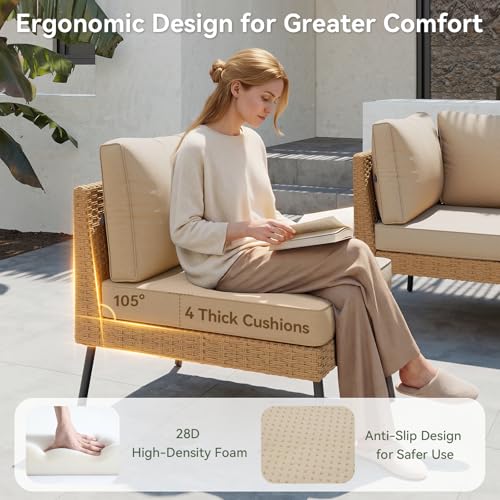Aoxun 6 Piece Patio Furniture Set, 6 Seats Outdoor Sectional Sofas with Thick Cushion, Wicker Outdoor Patio Furniture Set with Ottomans for Party, Garden, Backyard, Beige - Thumbnail 3
