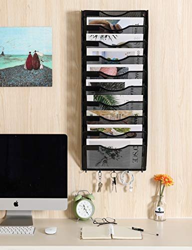 Easypag Hanging File Organizer 10 Vertical Pockets Mail Organizer Wall Mount With 5 Key Holder Hook ,Black #TOP4