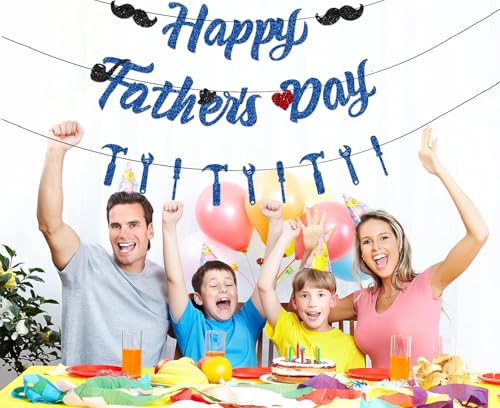 Image of Pre-Strung Happy Fathers Day Banner Party Decorations, NO DIY Glitter Fathers Day Banner with Household Tools Garland for Step Dad Grandpa Papa Home Indoor Mantel Wall Room Photo Props Backdrop Decor