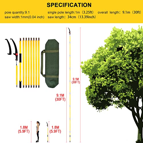 Image of 30 Feet Tree Pole Pruner, Durable Tree Trimmers Handle, Manual Branches Trimmer for Garden Tools Loppers Hand Pole Saws Extendable Height with Knives and Storage Pocket