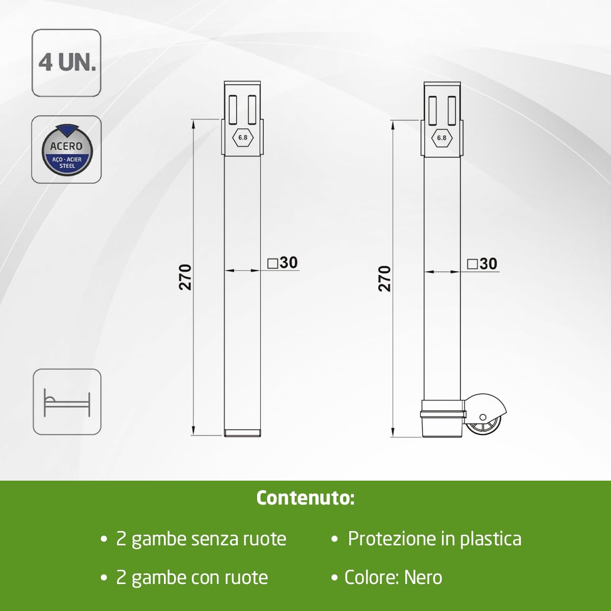 Amig - Set di 4 Gambe per Rete Letto - Quadrate in Acciaio - Colore Nero - Alta Resistenza - Gambe per Letto Fisse - 2 Gambe con Ruote - 270 x 30 x 30 mm