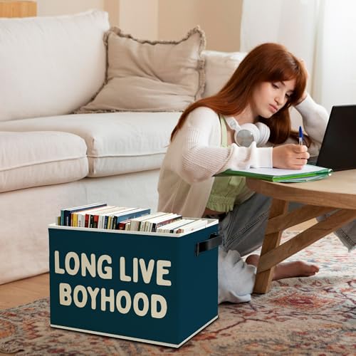 Image of Long Live Boyhood Boys Storage Bins Box with Handles, Blue Pattern Collapsible Basket Organizer for Kids Teen Boy Nursery Room Bedroom Bathroom Playroom Books Clothes