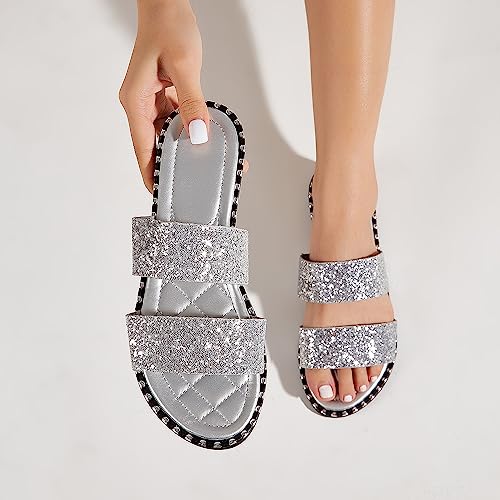 Image of Women's Open Toe Flat Sandals Rhinestone Glitter On Casual Fashion Slippers Quick Drying Indoor & Outdoor Slides