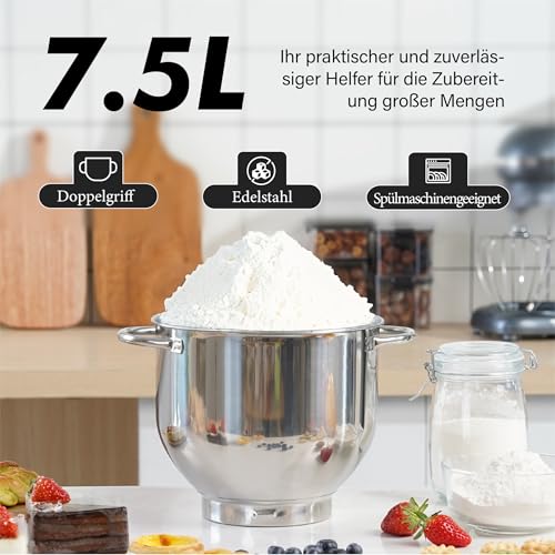 5 L Edelstahl-Schüssel und 1400 W Motor in Aktion beim Kneten von Brotteig - Detailansicht von Kitchen in the Box 7,5L...