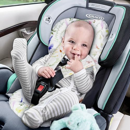 Image of Infant Car Seat Insert, Car Seat Head Support Baby Girls Boys, Soft & Reversible Newborn Carseat Insert Cushion with 2 Strap Covers, for Stroller, Swing, Bouncer (White Wildflowers)