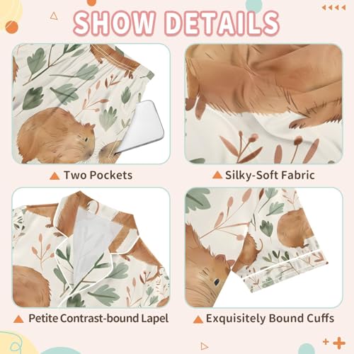 senya Capybara Leaves A Satin Summer Pajama Sets Silk Short Sleeve Button Down Sleepwear3