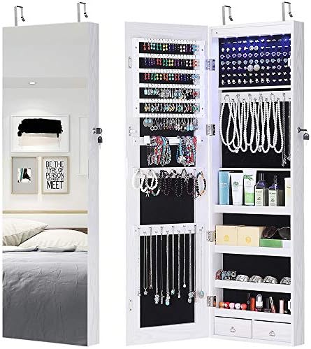 GISSAR Full Length Mirror Jewelry Cabinet, 6 LEDs Jewelry Armoire Wall Mounted Over The Door Hanging, Jewelry Organizer Storage with Lights Lockable White