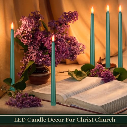 Image of Macarrie 24 Packs Flameless Taper Candles Battery Operated Fake 11 Inch Long Candlelight LED Flameless Candlesticks Flickering Tapered for Summer Fall Wedding(Green)