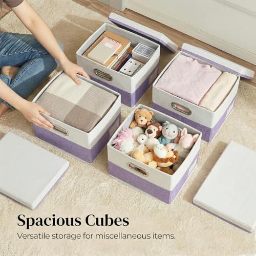 Image of PRANDOM Storage Bins with Lids [3-Pack] Linen Fabric Foldable Storage Boxes Organizer Containers Baskets Cube with Cover for Bedroom Closet Office Purple&White（11.4X8.6X6.7