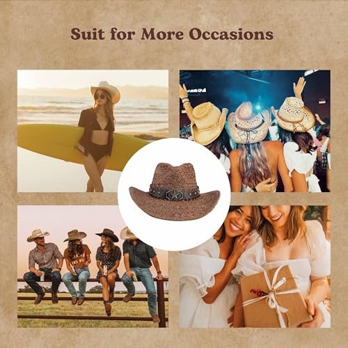 Image of Straw Cowboy Hats Cowgirl Hat Western Cowboy Hat Rancher Hat for Men Women, Exquisite Decoration Band
