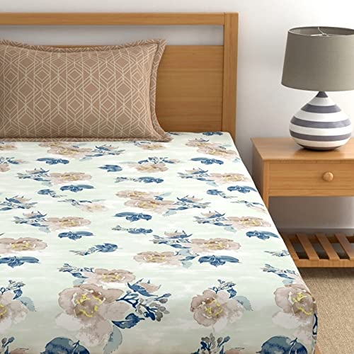 Image of Dreamscape 100% Cotton Bedsheet for Single Bed, 186 TC, 1 Bed Sheet (Size 59 x 87 inches) with 1 Pillow Cover - Blue